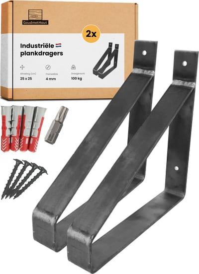 GoudmetHout® Industriële Plankdragers - 25 cm - Stalen Plankdrager voor Wandschap, Muurrek of Wandconsole - Max 100 kg - 2 Stuks - Zonder Coating