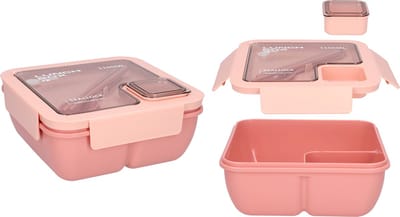 Vierkante lunchbox - Ook te gebruiken als broodtrommel - Plastic - 1100ml - Roze - Lunchbox met vakjes en bestek - Luchtdicht en lekvrij