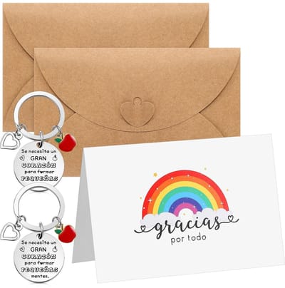 Solidchoice- Waarderingsgeschenken - 2 Gegraveerde Sleutelhangers - 2 Wenskaarten met Enveloppen - Afscheidscadeau voor Leraren - Emotioneel Bedankje - Respect en Dankbaarheid tonen - Lerarencadeau