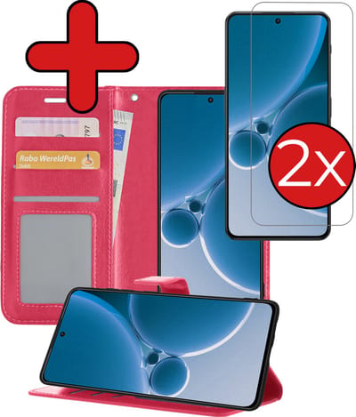 Hoesje - Met 2x Screenprotector - Geschikt voor OnePlus Nord 3 - Luxe Pasjeshouder - Flip Case - Bookcase Portemonee - Kunstleer Book Case - Flipcase Hoes - Book Cover - Walletcase - Portemonneehoes - Telefoonhoes - Donkerroze