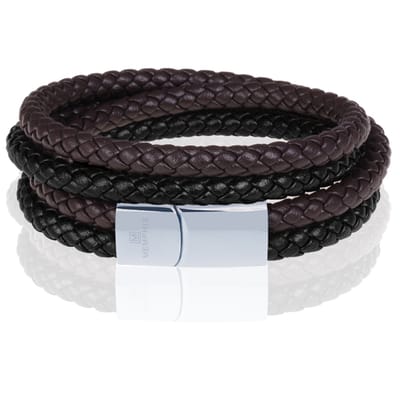 Memphis dubbele wrap armband Duo Leer Bruin Zwart Zilverkleurig-19cm