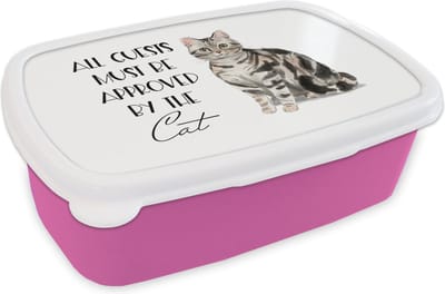 Broodtrommel Roze - Lunchbox - Brooddoos - Spreuken - Quotes - Kat - All guests must be approved by the cat - 18x12x6 cm - Kinderen - Meisje
