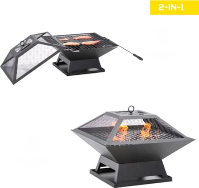 RosaBloom 2-in-1 Vuurschaal met Grillrooster – Vuurplaats & BBQ voor de Tuin – Hittebestendig Gecoat Staal – Zwart