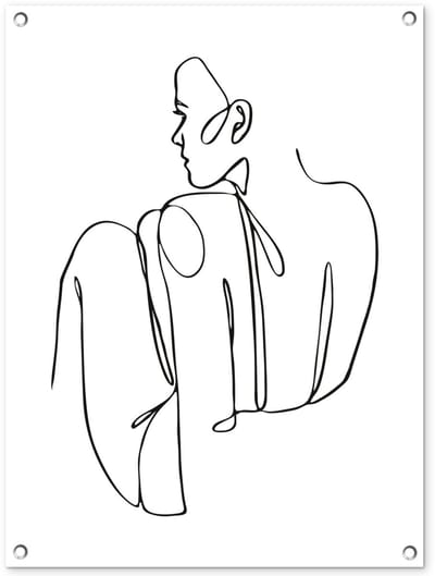 Tuinposter 60x80 cm - Tuindecoratie Abstracte line art van een zittende vrouw - Poster voor in de tuin - Buiten decoratie - Schutting tuinschilderij - Tuindoek muurdecoratie - Wanddecoratie balkondoek