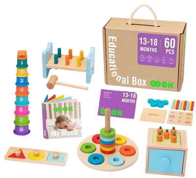 Educatieve speelgoedbox 13-18 maanden - 60-delige Baby Speelgoedset – Montessori Sensorisch Speelgoed – Montessori speelgoedbox - Ontwikkeling & Motoriek - Engelstalig