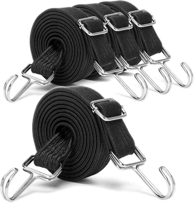 Verstelbare platte elastische touwset van 4 stuks, 2 meter lang, sterke expander rubber met metalen haken voor fiets, motor, auto en kamperen, ideaal voor veilig transport en bevestigen