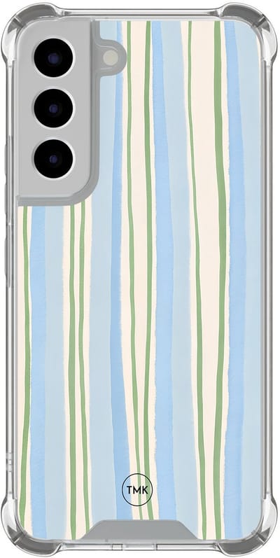 Shockproof hoesje geschikt voor Samsung Galaxy S22 - Pastelblauwe strepen - Schokbestendig - Verhoogde randen - TPU case - Extra Sterke Back Cover - Gestreept - Transparant, Blauw