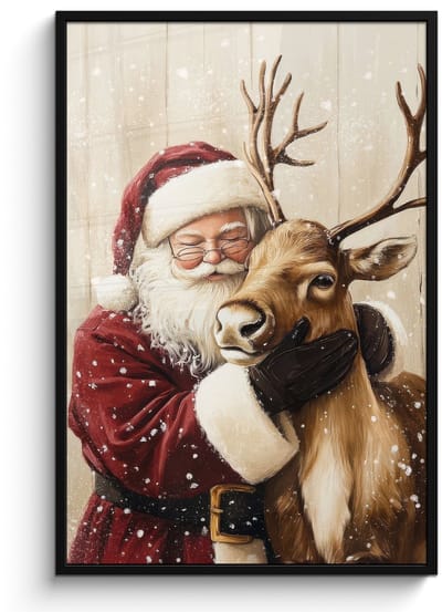 Poster in lijst - Fotolijst 80x120 cm - Posters - Kerstman - Rendier - Sneeuw - Kleurrijk - Posterlijst zwart - Decoratie - Wanddecoratie woonkamer - Muurdecoratie slaapkamer - Kerstversiering - Kerstdecoratie voor binnen - Kerstmis