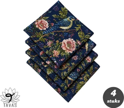 Tavas Servetten - 30 x 30 cm - Set van 4 stuks - Donkerblauw - Blauwe Vogeltuin - Katoen
