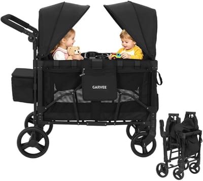 Velmio Opvouwbare Bolderkar - 2 in 1 - Voor 2 Kinderen - Wandelwagen - met Afneembaar Dienblad - 5-Puntsgordel - Schokbestendige Wielen - Zwart