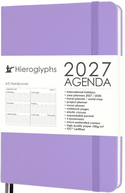 Hieroglyphs Agenda 2027 A5 - 1 Week op 2 pagina's - Harde Kaft - Elastiek - Opbergvak - 2 Bladwijzers - Weekagenda Jaaragenda Volwassenen - Lila