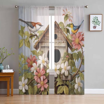 Lente Vintage Vogelhuisje Bloemen Vogels Transparante Gordijnen voor Woonkamer Decoratie Raamgordijnen Keuken Tule Voile Gordijnen W135 x H115cm x1 gray