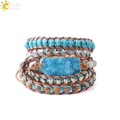 Marama - wikkelarmband Sky Blue - leer - edelsteen Druzy Agaat - 72 cm - verstelbaar