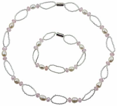 Zoetwater parel set Rocio - parelketting + parel armband - echte parels - wit - roze - zilver - magneetslot - luxe sieraden zakje - parelketting dames - parel armband dames