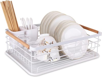 Afdruiprek met afneembare afdruiprek - metalen droogrek organizer - houten handgrepen - wit - 43 x 30,5 x 14 cm