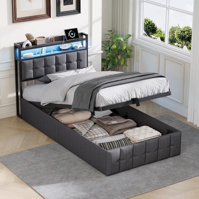 Tweepersoonsbed met LED-verlichting en USB-oplaadpoort - Gestoffeerd met veel opbergruimte