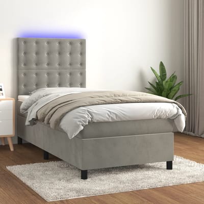 vidaXL - Boxspring - met - matras - en - LED - fluweel - lichtgrijs - 90x190 - cm