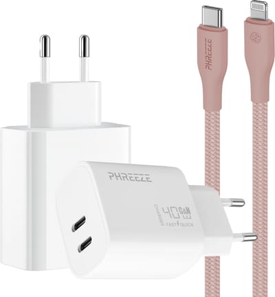 Phreeze usb C oplader geschikt voor iPhone en iPad met Lightning kabel roze - Power Delivery snellader - Met 2 usb C poorten