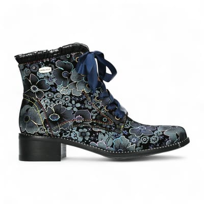 Laura Vita Emcmao-45 Blauwe bloemen dames gotische Victoriaanse leren enkellaarsjes met hak