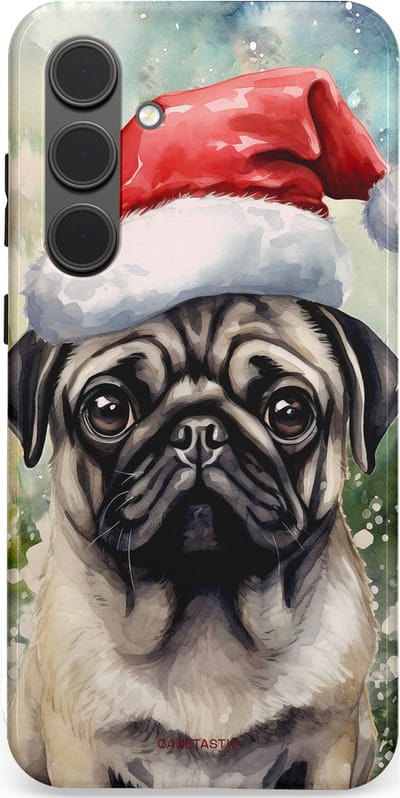 Casetastic hoesje geschikt voor Samsung Galaxy S24 Plus - Dubbellaagse bescherming - Aquarel Kerstmis Pug Hond - Fashion Case - Grijs Taupe Donkergrijs Saliegroen