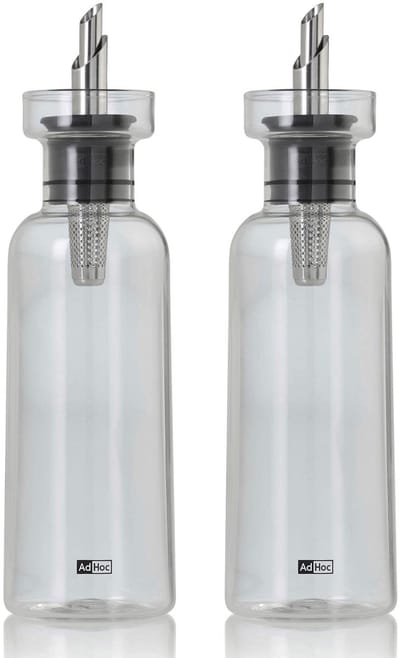 AdHoc AromaPour Olie- en Azijnset met Schenktuit – 2x 300 ml – Grijs Glazen Oliedispensers met RVS Dop – Lekvrij & Precies Schenken – Design Keukenaccessoires