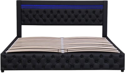Multifunctioneel gestoffeerd bed 140x190 cm Matras niet inbegrepenzwart PU met LED verlichting en hydraulische opbergruimte, lattenbodem, hoog hoofdbord, bed voor slaapkamer en logeerkamer