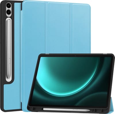 Hoesje Geschikt voor Samsung Galaxy Tab S9 FE Plus - Dun & Stevig - Trifold Bookcase - Hard Cover Case - Met Uitsparing Geschikt voor S Pen - Hardcover Book - Tablet Hoes - Lichtblauw