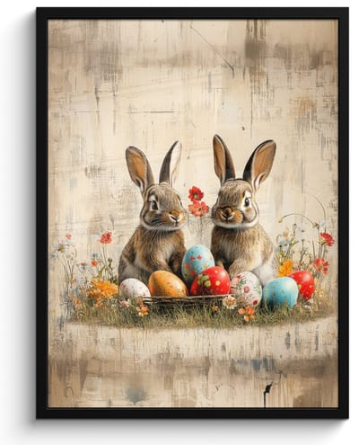 Poster in lijst - Fotolijst 50x70 cm - Posters - Konijnen - Bloemen - Eieren - Posterlijst zwart - Decoratie - Wanddecoratie woonkamer - Muurdecoratie slaapkamer