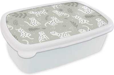 Broodtrommel Wit - Lunchbox - Brooddoos - Patronen - Luipaard - Bladeren - 18x12x6 cm - Volwassenen