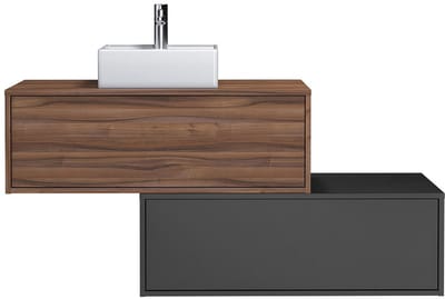 Vente-unique Asymmetrisch donker naturel zwevend badkamermeubel met enkele wastafel - 94 cm - TEANA II