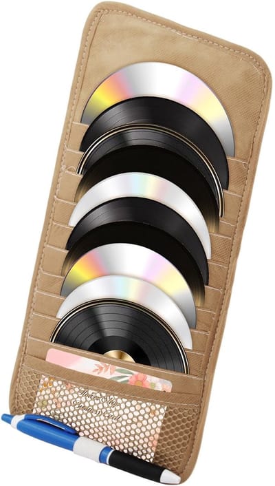 Dailygoods - Opbergtas voor auto-cd-houder, zonneklep-organizer met grote capaciteit voor auto, vrachtwagen, SUV, met 10 DVD-opberghoezen, 1 netvak, 1 penhouder en elastische riem, kaki