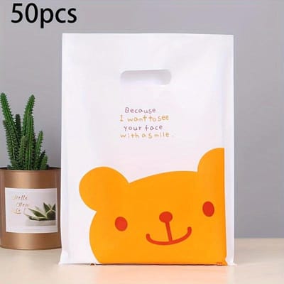 [50 Sacs Cadeaux Ours Mignon] Lot de 50 Sacs Cadeaux en Plastique avec Design Ours Mignon | Sacs de Shopping Animaux de Dessin Animé Blancs pour Faveurs de Fête, Mariage 15*20 white
