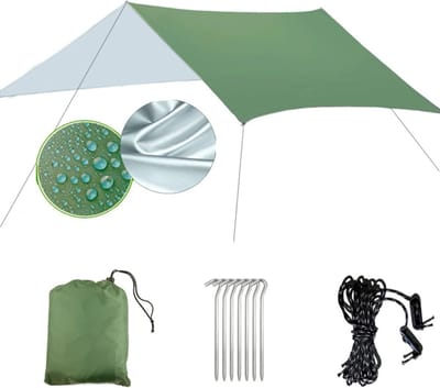 Campinguitrusting [Outdoor Series] - Regenponcho voor Hangmat - Waterdicht 2000mm - Compact 300x300cm - 6 Aluminium Haringen - Groente