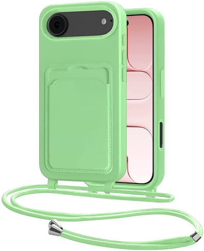Hoes Geschikt voor iPhone Air Hoesje Pasjeshouder Cover Met Koord Case Siliconen Hoes Met Telefoonkoord en Kaarthouder - Groen