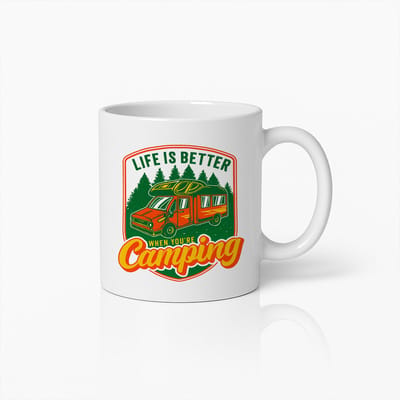 “Life Is Better Camping” Witte Mok – Retro Camper Outdoor Avontuur Ontwerp – 330 ml Keramische Koffiemok