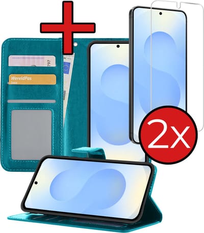 Hoesje - Met 2x Screenprotector - Geschikt voor Samsung Galaxy S25 - Luxe Pasjeshouder - Flip Case - Bookcase Portemonee - Kunstleer Book Case - Flipcase Hoes - Book Cover - Walletcase - Portemonneehoes - Telefoonhoes - Turquoise