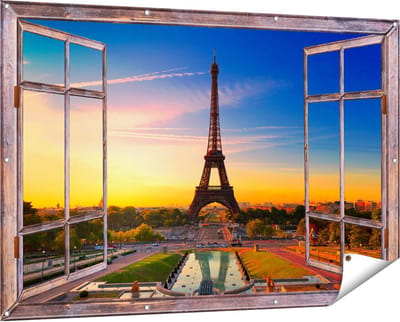 Gards Tuinposter Doorkijk Parijs Eiffeltoren tijdens de Zonsopkomst - 150x100 cm - Tuindoek - Tuindecoratie - Wanddecoratie buiten - Tuinschilderij