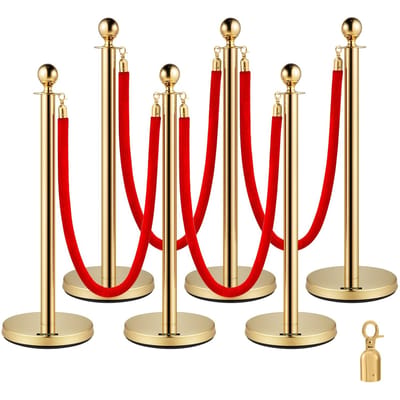 Poteau de guidage en acier inoxydable File d'attente 6PCS Poteau avec 4 Cordes en Velours Rouge, Barrières de contrôle de foule avec Base Remplissable pour pour le contrôle de foule dans les théâtres,