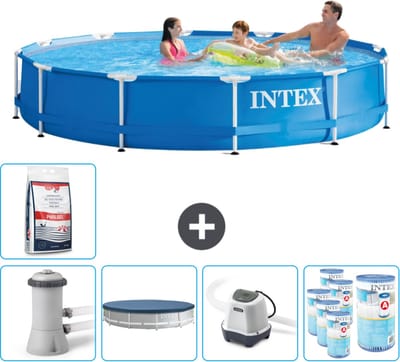Intex Rond Frame Zwembad - 366 x 76 cm - Blauw - Inclusief Pomp Afdekzeil - Zoutwatersysteem - Filters - Zwembadzout