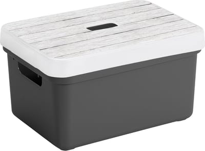 Sunware opslagbox - 13 liter - antraciet - kunststof - 35 x 25 x 18 cm - met afsluitbare deksel in houtnerf print