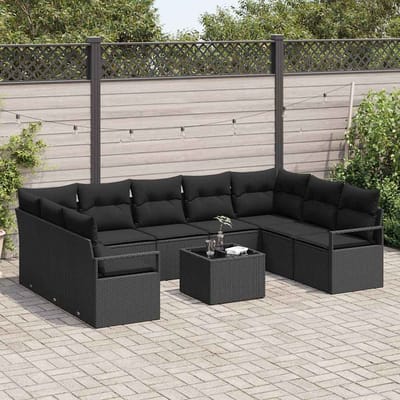 vidaXL Tuinbank Set met kussen met opslag 10 pcs Zwart poly rattan