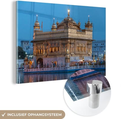 ® Glasschilderij 180x120 cm - Schilderij acrylglas - Harmandir Sahib op een vroege avond - Foto op glas - Muurdecoratie woonkamer - Wanddecoratie slaapkamer - Schilderijen
