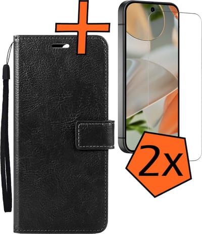 Hoes - Met 2x Screenprotector - Geschikt voor Google Pixel 9 - Luxe Pasjeshouder - Bookcase Portemonee - Flip Case - Kunstleer Book Case - Flipcase Hoes - Book Cover - Walletcase - PortemonneeHoes - Zwart