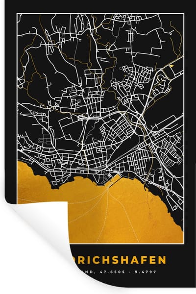 Muurstickers - Sticker Folie - Stadskaart – Plattegrond – Duitsland – Goud – Friedrichshafen – Kaart - 20x30 cm - Plakfolie - Muurstickers Kinderkamer - Zelfklevend Behang - Zelfklevend behangpapier - Stickerfolie