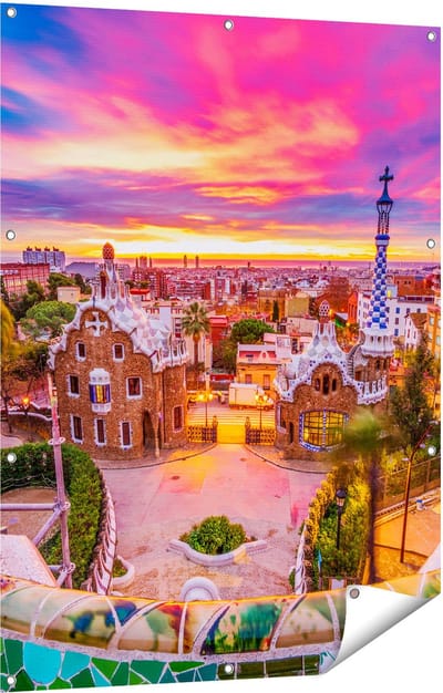 Gards Tuinposter Park G�ell Uitzicht op Barcelona - 90x120 cm - Tuindoek - Tuindecoratie - Wanddecoratie buiten - Tuinschilderij