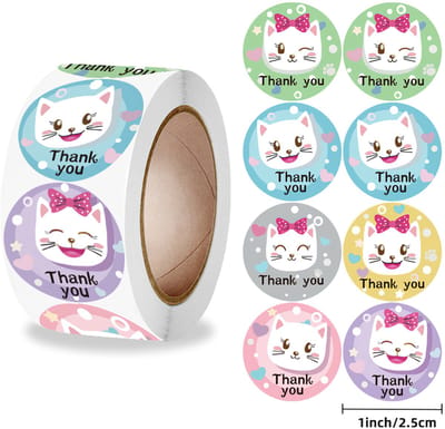 Ainy Thank You Stickers Kat - Stickers rol met 500 stuks van 25 mm - ideaal voor cadeauverpakkingen, uitdeelzakjes, bedanktjes, traktatie en afscheid basisschool of opvang - Bedankt stickers voor kinderen en volwassenen