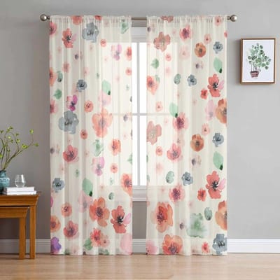 Waterverf Bloemen Handgeschilderd Tule Voile Gordijnen voor Slaapkamer Woonkamer Raamgordijn Transparante Gordijnen Organza Draperieën 135W x 114H(cm) white