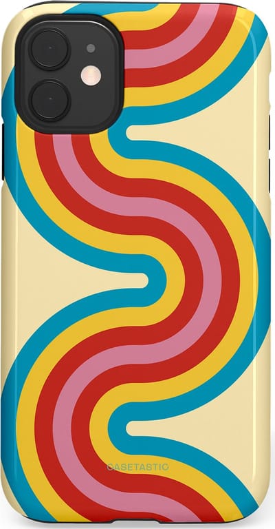 Casetastic hoesje geschikt voor Apple iPhone 11 - Dubbellaagse bescherming - Retro kronkels - Fashion Case - Crème Lichtblauw Goud Rood