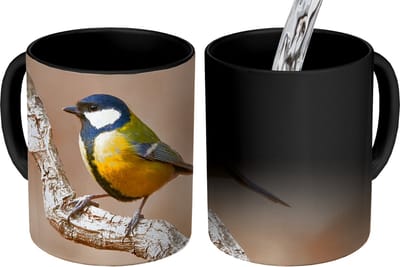 Magische Mok - Foto op Warmte Mokken - Koffiemok - Vogel - Koolmees - Takken - Magic Mok - Beker - 350 ML - Theemok