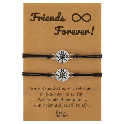 Vriendschapsarmbandjes voor 2 " Friends Forever ∞" - Kompas - BFF Armbandjes met Persoonlijk Cadeau Kaartje - Zilverkleurig - Elastisch Verstelbaar - Pax Amare